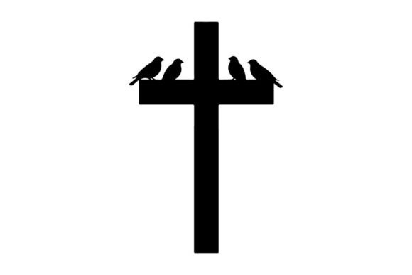 Black Cross with Five Birds Perched Silh: Graphics & Illustrations