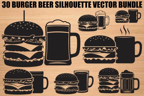 Burger Beer Silhouette Bundle: Graphics & Illustrations for Crafters