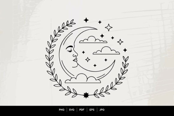 Celestial Moon Face Botanical Wreath Graphics & Illustrations