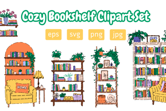 Cozy Bookshelf Clipart Set: Graphics & Illustrations
