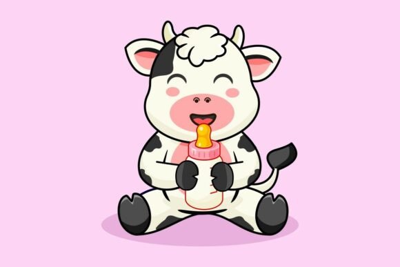 Cute Baby Cow Drinking Milk from Bottle: Graphics & Illustrations