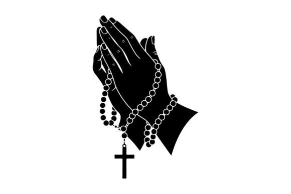 Hands in Prayer with Black Rosary Beads Graphics
