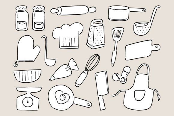 Kitchen Utensils Doodle Vector Set Cute: Graphics & Illustrations