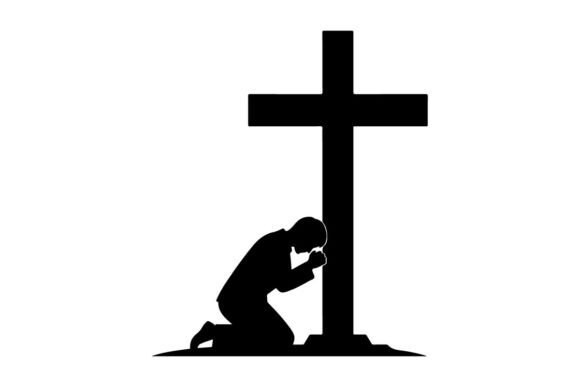Man Kneeling in Prayer at Wooden Cross S Graphics