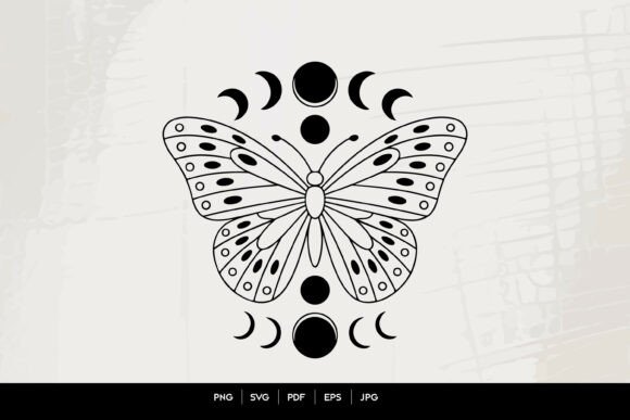 Mystical Butterfly Moon Phases Line Art: Graphics & Illustrations