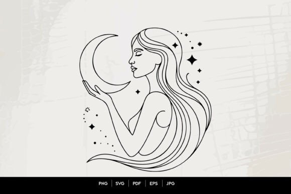 Mystical Woman Holding Crescent Moon Graphics