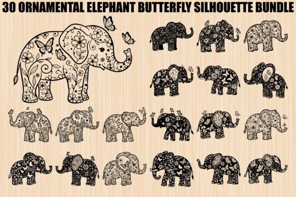 Ornamental Elephant Butterfly Bundle: Graphics & Illustrations