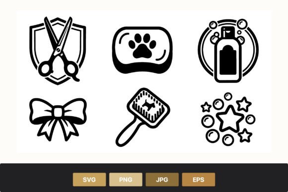 Pet Grooming Tools Black & White Icons: Graphics & Illustrations