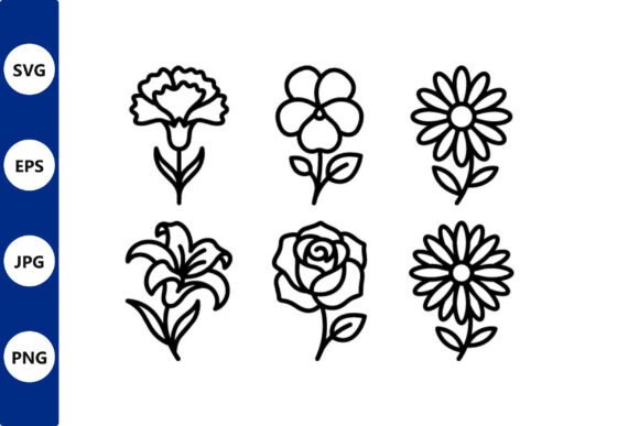 Six Flower Line Art Set Vector: Graphics & Illustrations