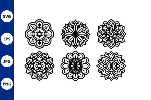 Six Mandala Flower Line Art Designs: Graphics & Illustrations