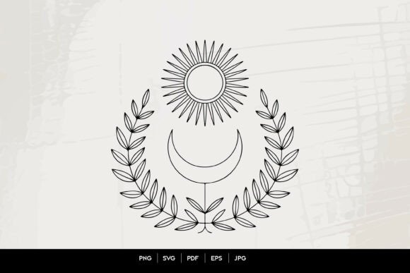 Sun and Crescent Moon Botanical Line Art: Graphics & Illustrations