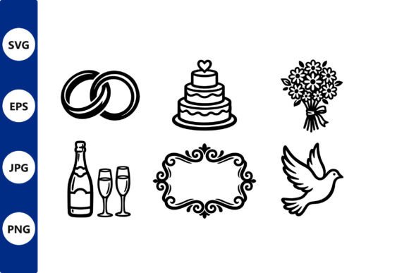 Wedding Icon Set Rings Cake Bouquet